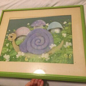 Cute Framed Snail with Mushrooms Picture Signed x "Suzie" Framed/Matted 17 x21"